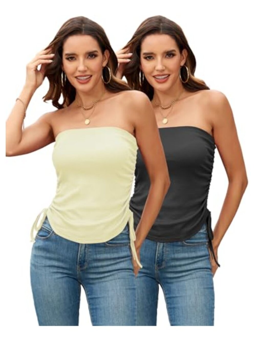Cotton Ribbed Tube Tops Women Strapless Ruched Drawstring Y2K 2 Pack